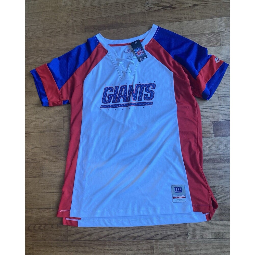 NWT New York Giants Women’s NFL Lace-Up Jersey White Shimmer Shirt Majestic L